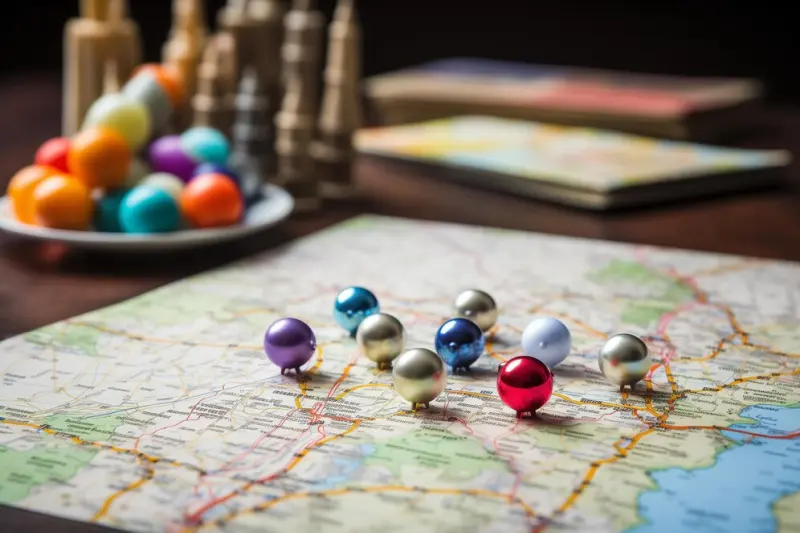 Colorful map pins marking multiple routes on map for business directory